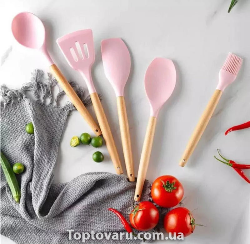 Кухонний набір з 12 предметів Kitchen Art з бамбуковою ручкою Рожевий 4280 фото