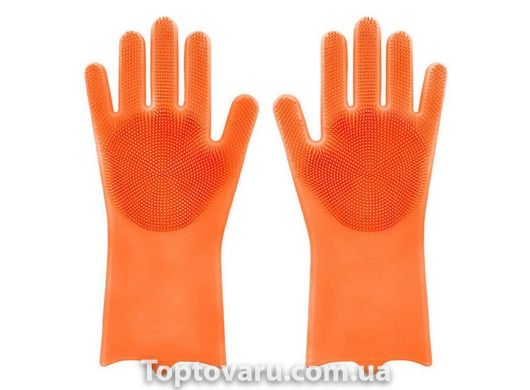Силиконовые перчатки для мытья и чистки Magic Silicone Gloves с ворсом Оранжевые 634 фото