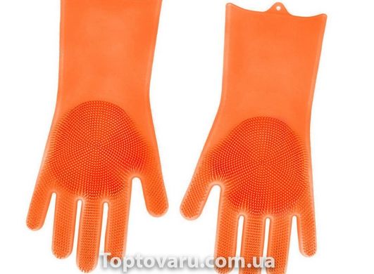Силиконовые перчатки для мытья и чистки Magic Silicone Gloves с ворсом Оранжевые 634 фото