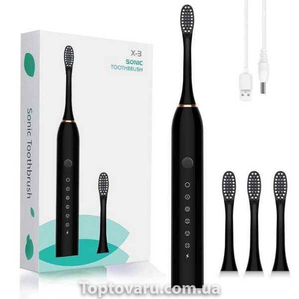 Зубная щетка электрическая 4 насадки SONIC TOOTHBRUSH X-3 Черная 14402 фото