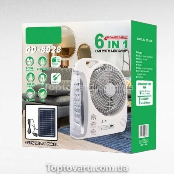 Вентилятор портативний акумуляторний 6в1 на сонячній панелі 3.2V/5500 мАг GD-8028/N283 Білий 26269 фото