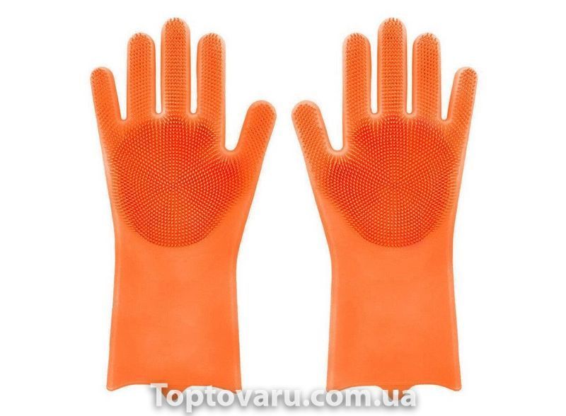 Силіконові рукавички для миття і чищення Magic Silicone Gloves з ворсом Помаранчеві 634 фото