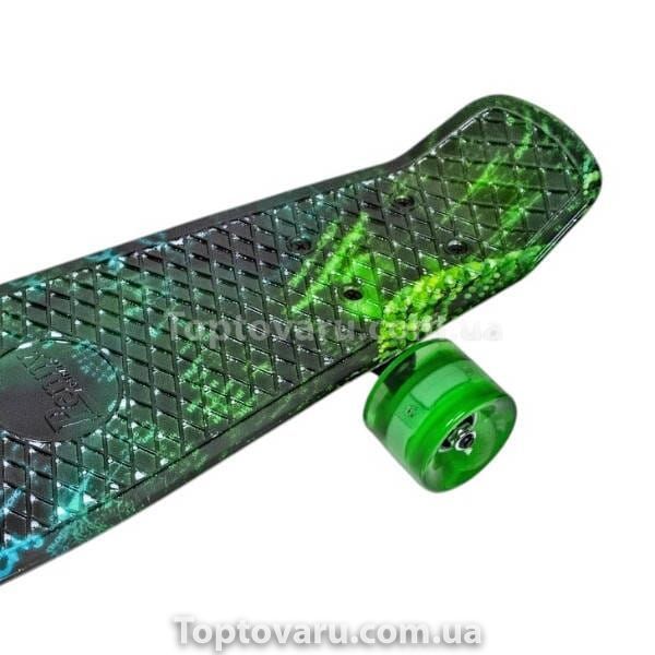 Пенни борд со светящимися колесами PU Penny Board H20 Черный с сине-зеленым принтом 27422 фото