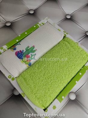 Полотенца кухонные Pamukoren green 40х60см набор 2шт (вафельное, махра) в подарочной упаковке 16882 фото