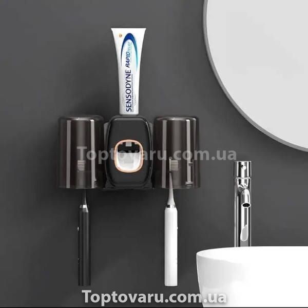 Тримач настінний для зубних щіток +2 чашки TOOTHBRUSH HOLDER Чорний 32725 фото