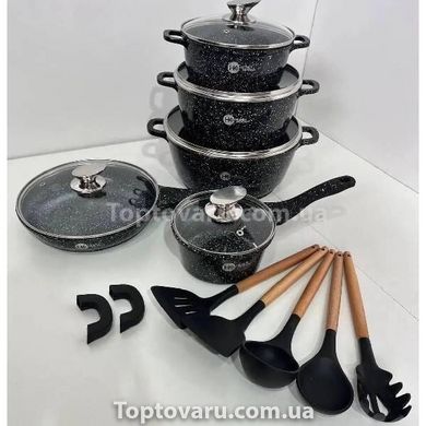 Набір посуду гранітний + набір начиння 17 предметів HIGHER+KITCHEN HK-305 Чорний 14759 фото