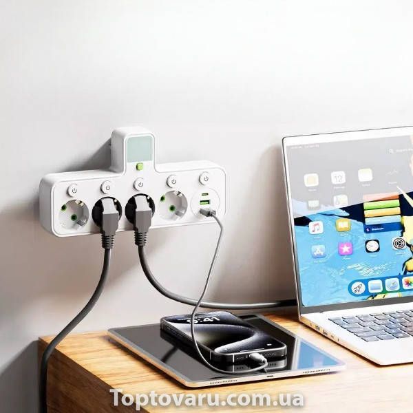 Мережевий фільтр-розгалужувач 4*220V, 2*USB, 1*PD Type-C 8625UL LED Білий 34802 фото