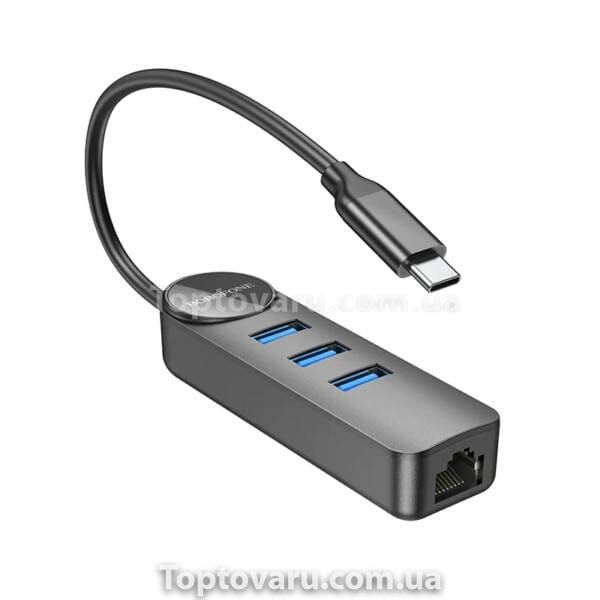 Адаптер Borofone DH6 Erudite 4-in-1 0.2M (Type-C to USB2.0*3+RJ45) Чорний 20968 фото