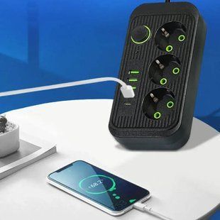 Мережевий фільтр подовжувач 3*220V +4 USB + Type-C 2м Power-Socket F09U Чорний 30836 фото