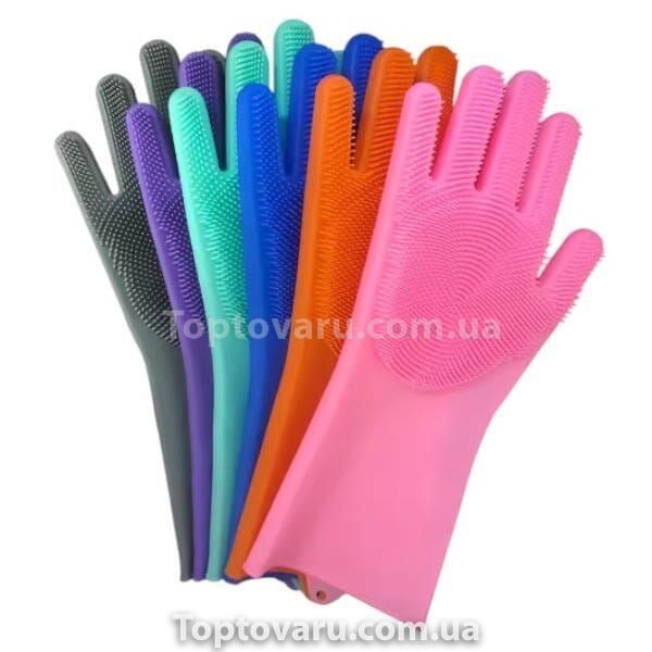 Силіконові рукавички для миття та чищення Magic Silicone Gloves з ворсом Сині 26426 фото