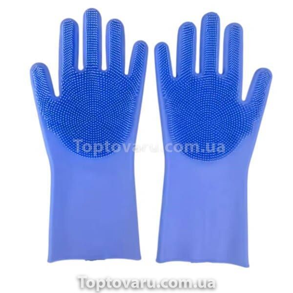 Силіконові рукавички для миття та чищення Magic Silicone Gloves з ворсом Сині 26426 фото
