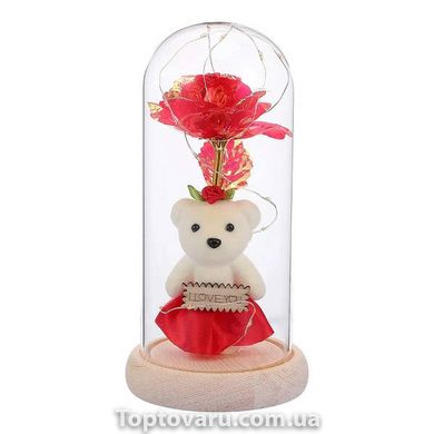 Вічна Троянда в колбі з ведмедиком та підсвічуванням 21 см Червона 14663 фото