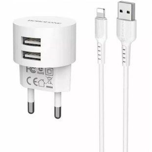 Зарядний пристрій BOROFONE BA23A Brilliant dual port charger set(Lightning) White 19748 фото