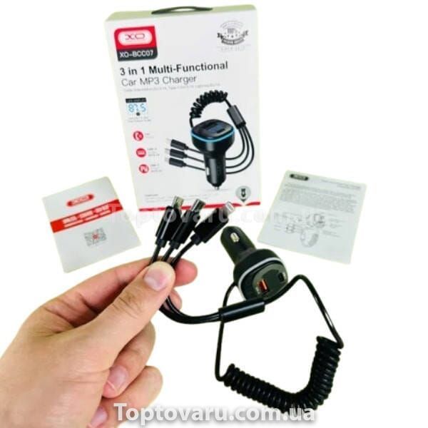 FM модулятор + автомобільний зарядний пристрій з кабелем XO BCC07 Smart Bluetooth MP3 Car Charger + One Drag Three Data Cable 32037 фото