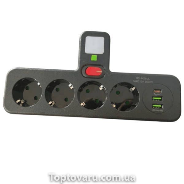 Мережевий фільтр-розгалужувач 8625UL на 4 розетки 220V, 3 USB порти Чорний 3455 фото