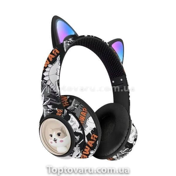 Наушники беспроводные с ушками Графити LED AKZ-37 Черные с белым 23008 фото
