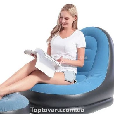 Надувний диван AIR SOFA Надувне велюрове крісло з пуфиком Блакитний 14736 фото