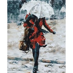 Картина за номерами Strateg ПРЕМІУМ Дівчина в червоному під зонтом розміром 40х50 см (GS005) GS005-00002 фото