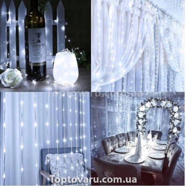 Гірлянда штора прозорий провід з перехідником 200LED 3*2м Холодний білий 31522 фото