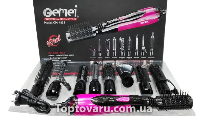 Воздушный фен стайлер для волос 10 в 1 Gemei GM-4835 Розовый 3440 фото