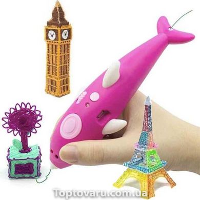3Д ручка акумуляторна з трафаретами і пластиком для малювання 3Д Pen дельфін Рожева 2976 фото