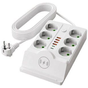 Удлинитель сетевой фильтр с беспроводной зарядкой 5м LED, 6-220V, 4-USB, 2-PD Type-C PNS-08 Белый 36973 фото