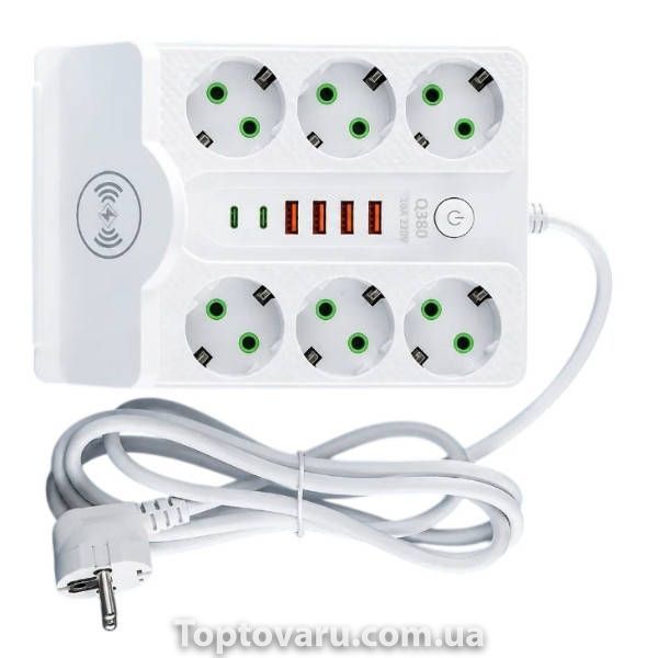 Удлинитель сетевой фильтр с беспроводной зарядкой 5м LED, 6-220V, 4-USB, 2-PD Type-C PNS-08 Белый 36973 фото