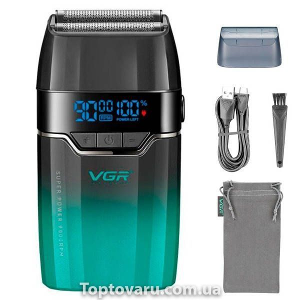 Електробритва акумуляторна VGR V-308 з LED-дисплеєм, USB Type-C Чорно-зелена 38012 фото