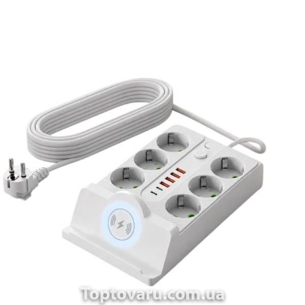 Удлинитель сетевой фильтр с беспроводной зарядкой 5м LED, 6-220V, 4-USB, 2-PD Type-C PNS-08 Белый 36973 фото