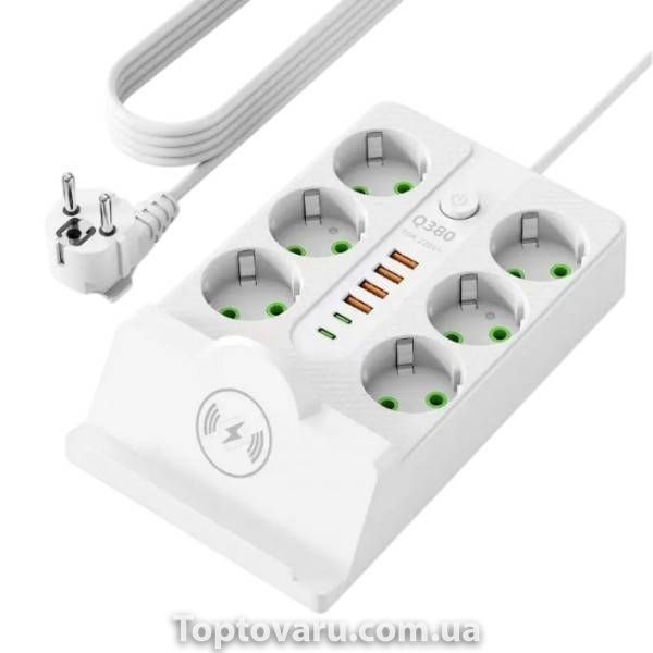 Удлинитель сетевой фильтр с беспроводной зарядкой 5м LED, 6-220V, 4-USB, 2-PD Type-C PNS-08 Белый 36973 фото