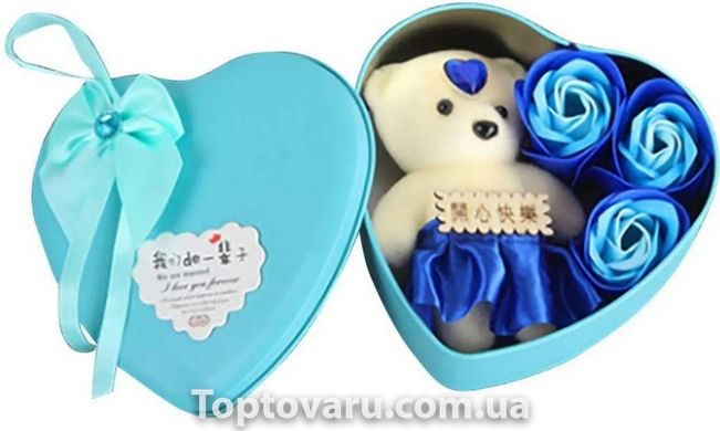 Коробка в форме сердца Голубая с мыльным цветком с 3 розами и 1 мишкой 4195 фото
