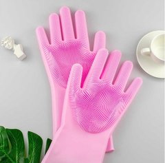 Силиконовые перчатки для мытья и чистки Magic Silicone Gloves с ворсом Розовые