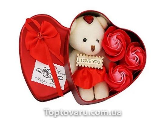 Коробка у формі серця Червона з мильним квіткою з 3 трояндами і 1 мишком 4196 фото