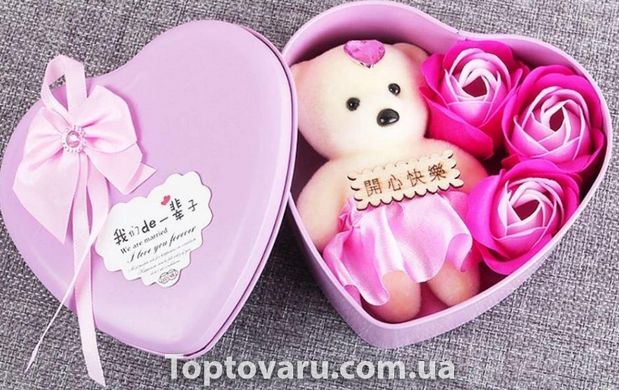 Коробка у формі серця Рожева з мильним квіткою з 3 трояндами і 1 мишком 4197 фото