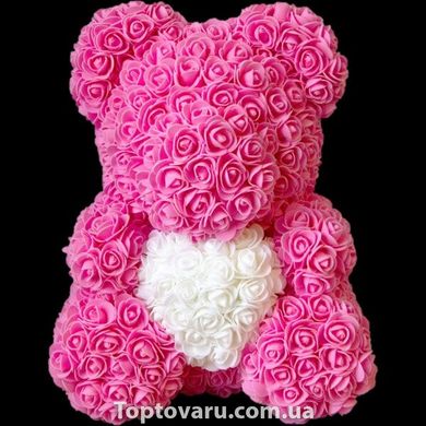 Мишка з серцем з 3D троянд Teddy Rose 40 см Рожевий з білим серцем 488 фото