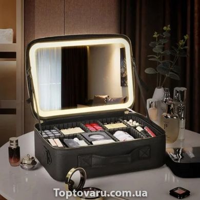 Косметичка-органайзер шкіряна із дзеркалом LED підсвічування Чорна 11938 фото