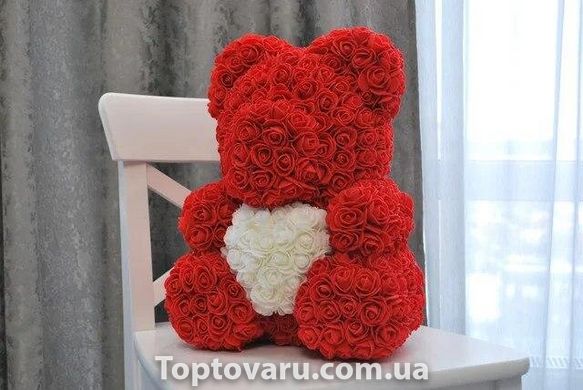 Мишка з серцем з 3D троянд Teddy Rose 40 см Червоний з білим серцем 494 фото