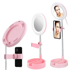 Круглое складное зеркало с LED подсветкой Live Makeup G3 Розовое