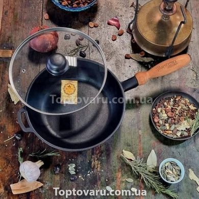 Сковорода чавунна лита з дерев'яною ручкою та скляною кришкою Maysternya Т304С3 24*6см 18101 фото