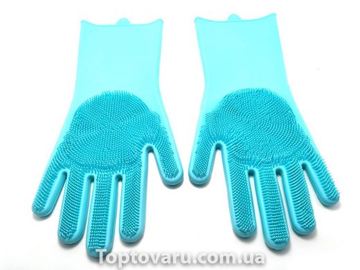 Силиконовые перчатки для мытья и чистки Magic Silicone Gloves с ворсом Светло-голубые 636 фото