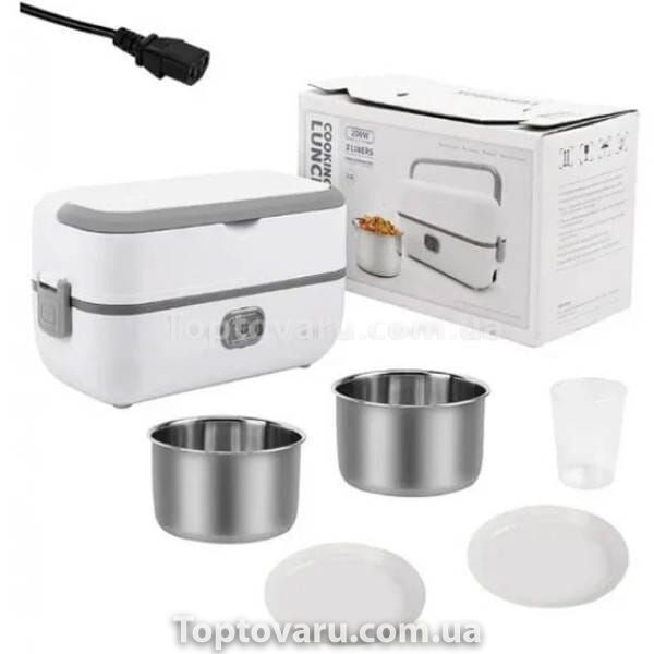 Ланч-бокс із підігрівом дворівневий 2л від мережі 220V Cooking Lunchbox Білий із сірим 19048 фото