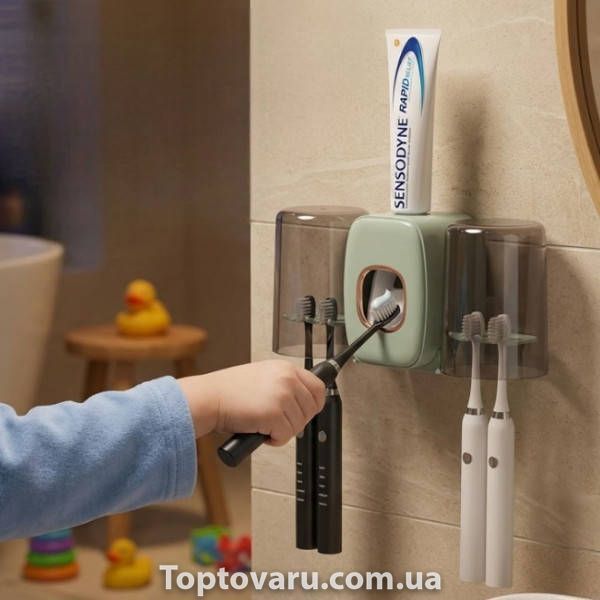 Держатель настенный для зубных щеток +2 чашки TOOTHBRUSH HOLDER Зеленый 34588 фото