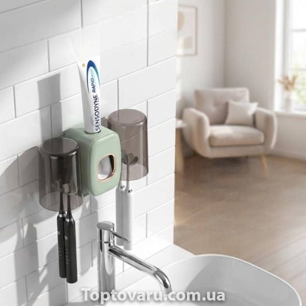Держатель настенный для зубных щеток +2 чашки TOOTHBRUSH HOLDER Зеленый 34588 фото