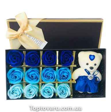 Подарочный набор с розами из мыла Sweet Love 12 шт Синие с мишкой 3656 фото