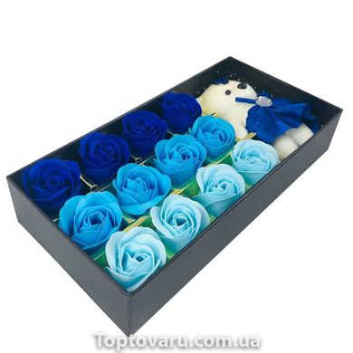 Подарочный набор с розами из мыла Sweet Love 12 шт Синие с мишкой 3656 фото