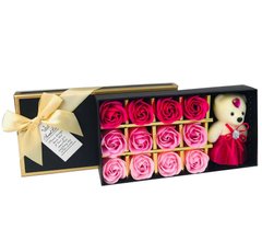 Подарочный набор с розами из мыла Sweet Love 12 шт Розовые с мишкой