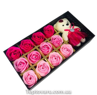 Подарочный набор с розами из мыла Sweet Love 12 шт Розовые с мишкой 3677 фото