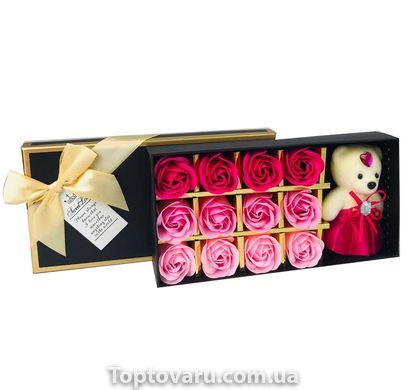 Подарочный набор с розами из мыла Sweet Love 12 шт Розовые с мишкой 3677 фото