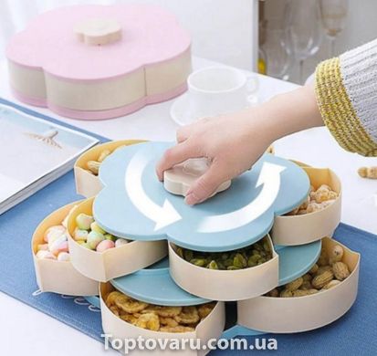 Вращающаяся складная двухъярусная конфетница Flower Candy Box для конфет и фруктов Голубая 3459 фото