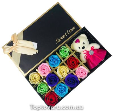 Подарочный набор с розами из мыла Sweet Love 12 шт Разноцветные с мишкой 3704 фото